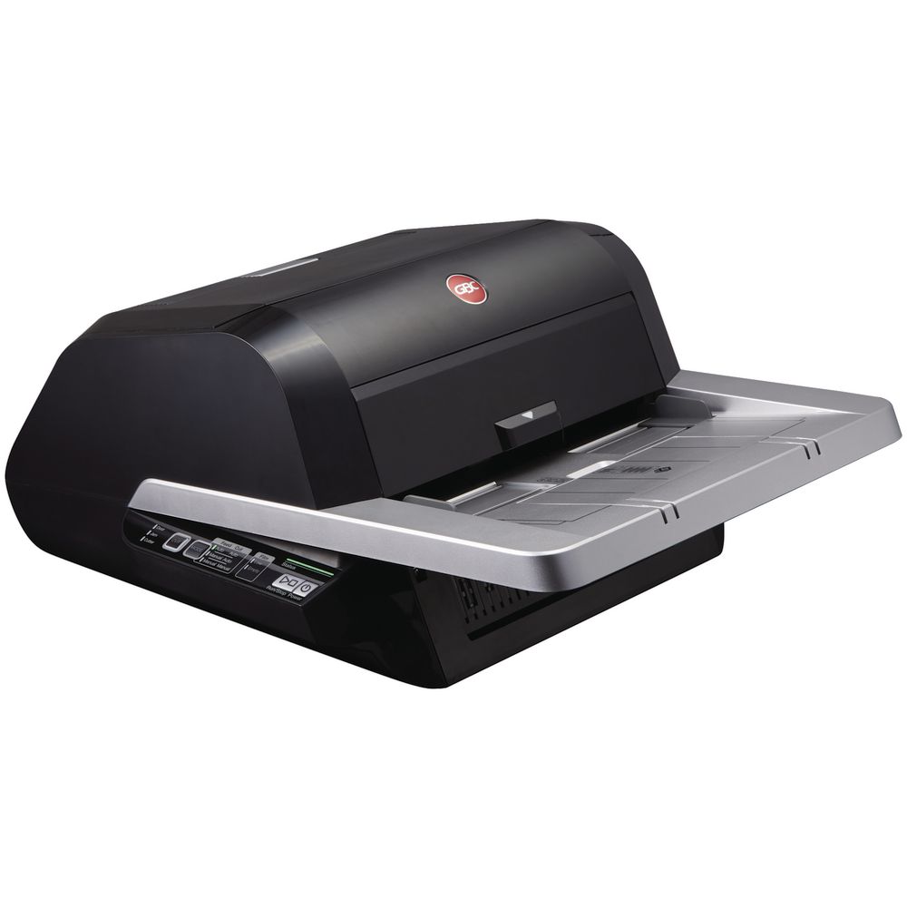GBC Foton 30 automated laminator viewed at an angle on a white background, matte black body with a red GBC oval badge, silver feed tray extended at the front and a small button control panel.