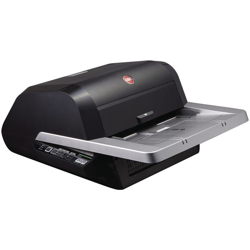GBC Foton 30 automated laminator viewed at an angle on a white background, matte black body with a red GBC oval badge, silver feed tray extended at the front and a small button control panel.