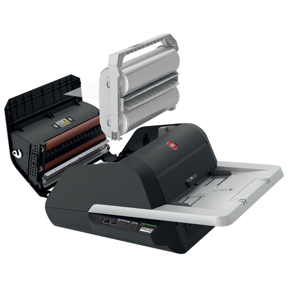 GBC Foton 30 laminator with its top cover swung open to expose the internal heat rollers, and the grey laminating film cartridge lifted clear above the machine by its moulded carry handle.