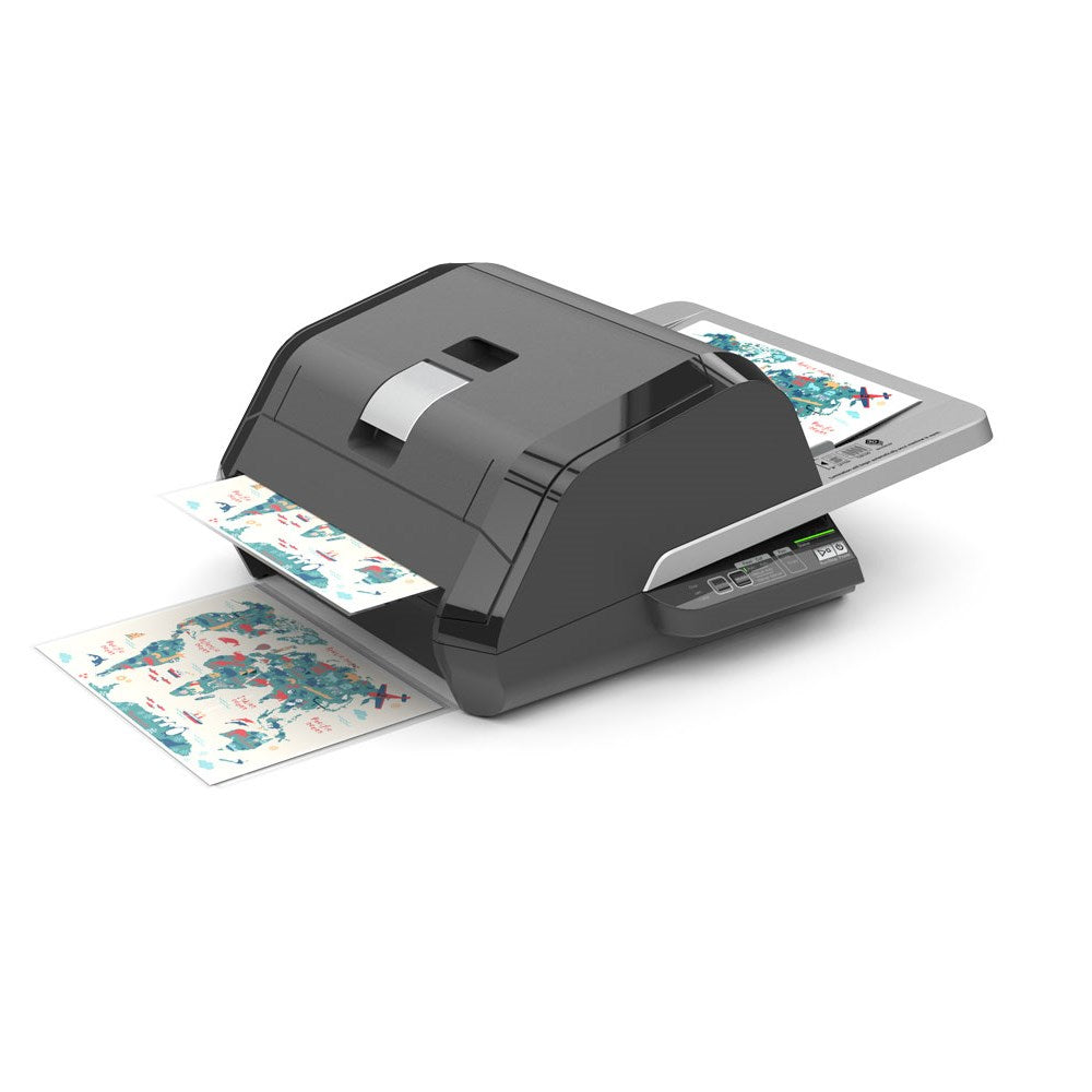 GBC Foton 30 laminator part way through a run, with printed world map posters feeding out the front, one sheet emerging at the exit and a finished laminated copy sitting on the silver rear tray.