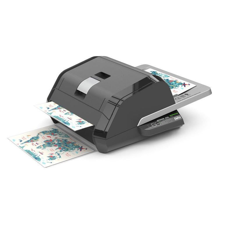 GBC Foton 30 laminator part way through a run, with printed world map posters feeding out the front, one sheet emerging at the exit and a finished laminated copy sitting on the silver rear tray.