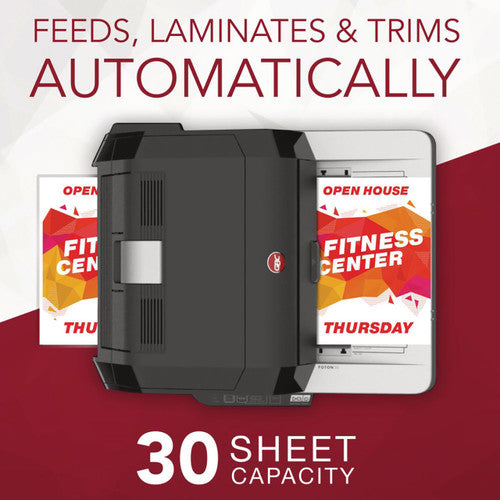 GBC Foton 30 feature panel with a top down view of the closed laminator over printed Fitness Centre posters, headed Feeds, Laminates and Trims Automatically with 30 Sheet Capacity beneath.