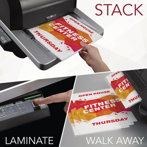 Three panel GBC Foton 30 workflow graphic labelled Stack, Laminate and Walk Away, showing a hand loading posters on the tray, a finger pressing the control panel and a pile of finished sheets.
