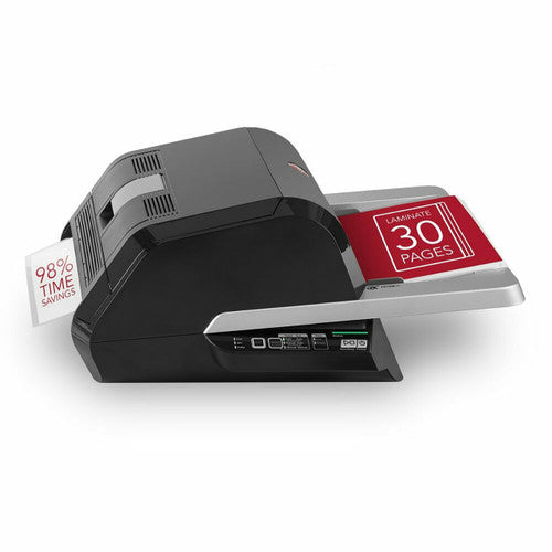 Marketing panel for the GBC Foton 30 laminator showing the machine from the rear with a red card reading Laminate 30 Pages on the output tray and a white tag reading 98 percent time savings.