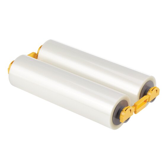 GBC Foton 125 micron refill: two clear laminating film rolls fixed together by orange plastic end clips