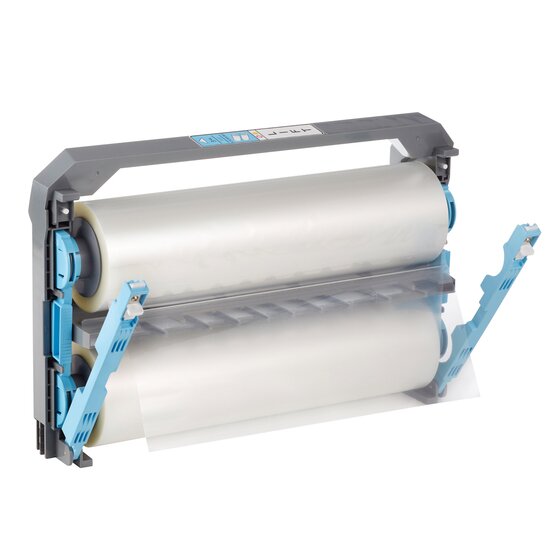 GBC Foton 75 micron cartridge with both blue locking arms swung open, showing the two film rolls inside the grey carrier
