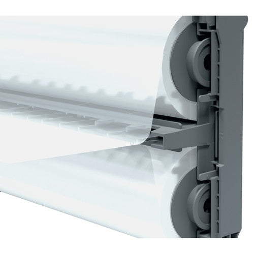 Close-up of clear film rolls seated in a grey Foton cartridge carrier with the film passing between them