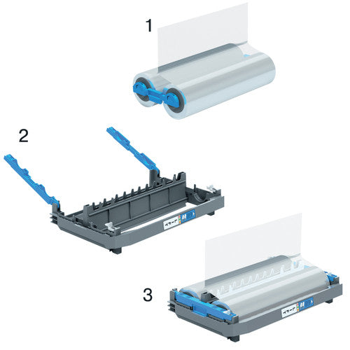 Three step diagram showing a Foton film refill roll, an empty carrier with its blue arms raised, and the loaded carrier