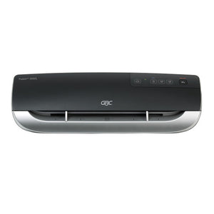 Front view of the black GBC Fusion 3000L A4 laminator with a silver base, touch buttons for 75, 100 and 125 mic and a red release label