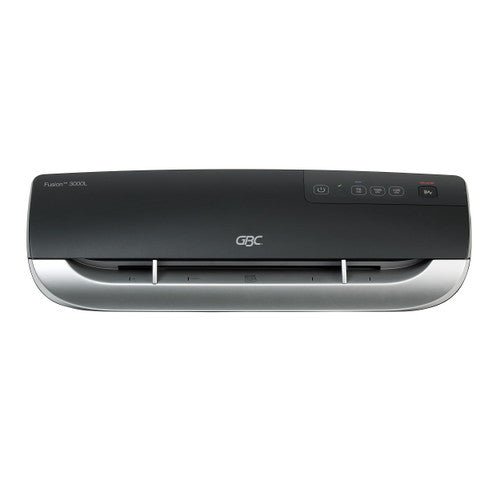 Front view of the black GBC Fusion 3000L A4 laminator with a silver base, touch buttons for 75, 100 and 125 mic and a red release label