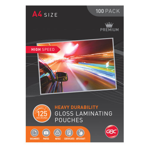 Dark GBC A4 size 100 pack of high speed 125 micron heavy durability gloss laminating pouches with a light trail car photo