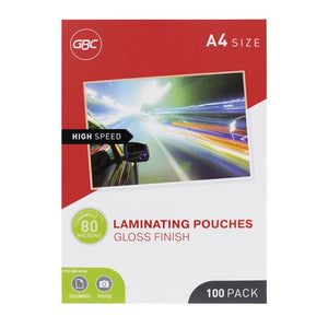 Red and white GBC A4 size box of 100 high speed laminating pouches, 80 microns, gloss finish, with a light trail car photo