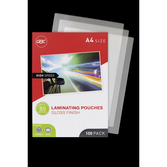 GBC high speed 80 micron A4 pouch box in front of three loose clear laminating pouches on a black background