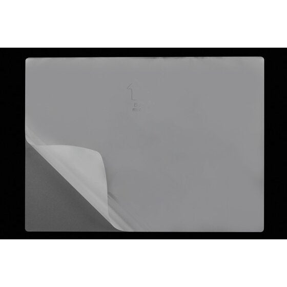 Single clear GBC A4 high speed laminating pouch lying landscape with a small printed arrow and the lower corner peeled back