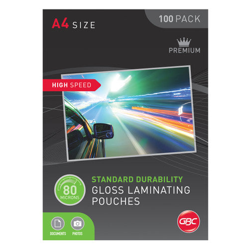 Older dark design GBC A4 100 pack of high speed 80 micron standard durability gloss laminating pouches