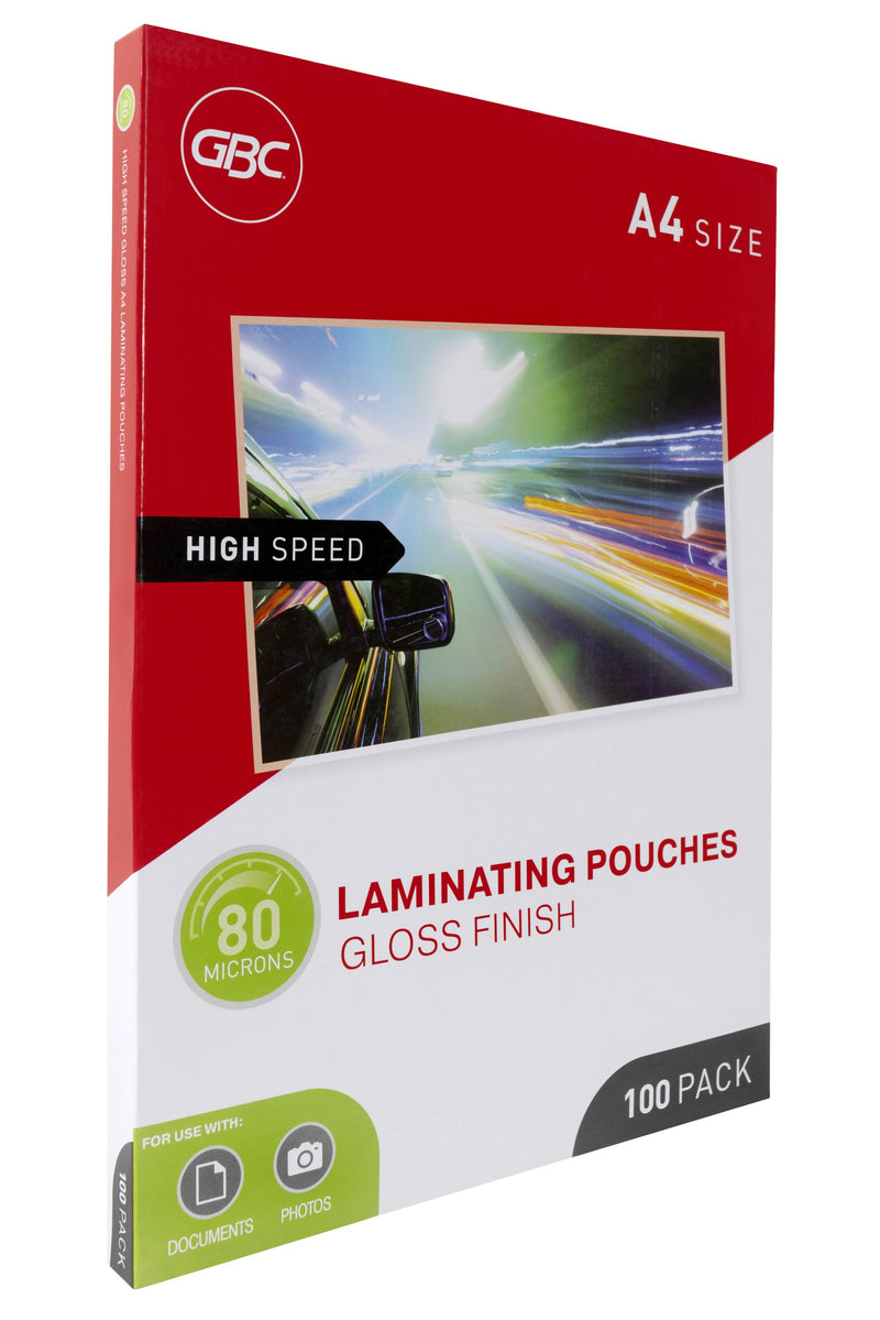 GBC A4 high speed gloss finish 80 micron laminating pouches 100 pack box standing at an angle, side panel visible