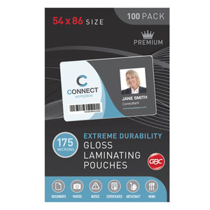 Front of a GBC 54 x 86 size 100 pack of 175 micron extreme durability gloss laminating pouches with a sample ID card