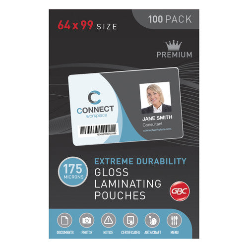 GBC laminating pouches 64x99mm 175 micron key card size pack of 100 in gloss finish