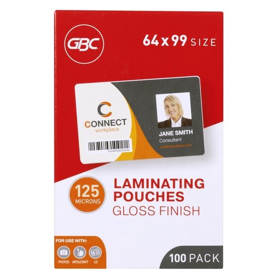 Front of the red and white GBC 64 x 99 size 100 pack box of 125 micron gloss laminating pouches with an ID card design