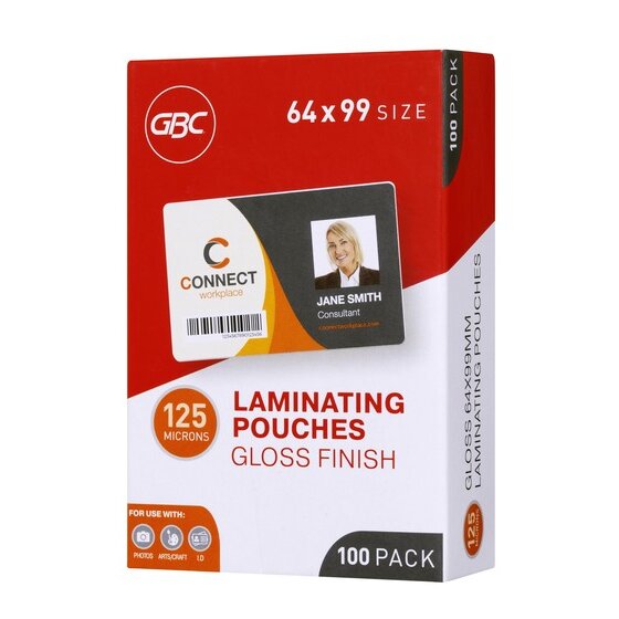 GBC 64 x 99 size box of 125 micron gloss laminating pouches at an angle, the side printed gloss 64x99mm laminating pouches