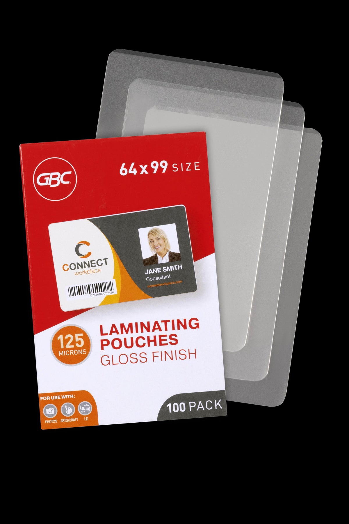 Red and white GBC 64 x 99 size box of 125 micron gloss laminating pouches in front of three loose clear pouches with rounded corners on a black background