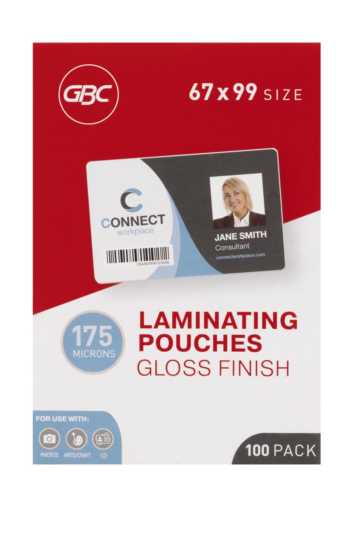 Straight on front of the red and white GBC 67 x 99 size box of laminating pouches, printed 175 microns, gloss finish and 100 pack, with a sample ID card on the artwork