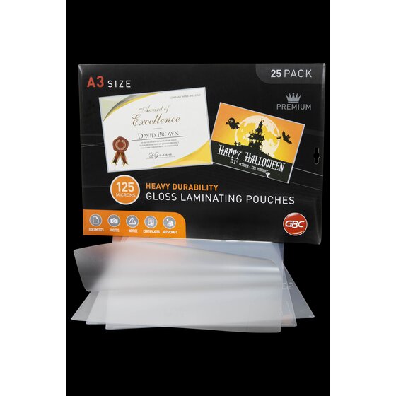 GBC A3 125 micron heavy durability gloss laminating pouches box marked 25 pack and Premium, with loose clear pouches fanned out below it