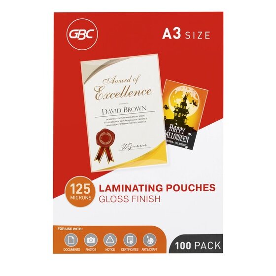 GBC red and white A3 size box of 125 micron gloss laminating pouches, 100 pack, with a certificate and a Halloween poster pictured on the front