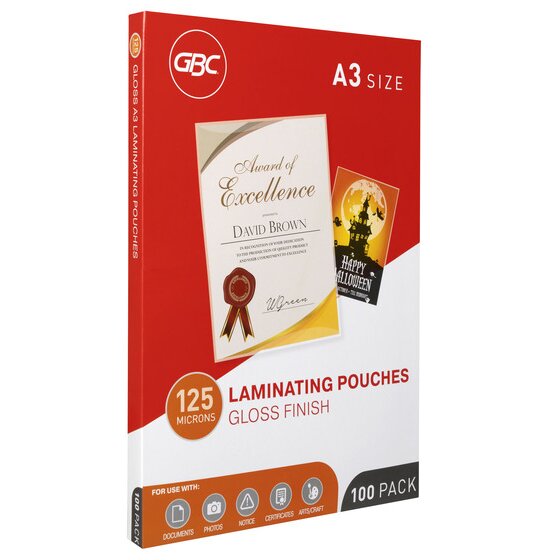 GBC A3 laminating pouches box at an angle, printed 125 microns gloss finish and 100 pack, with the side panel reading gloss A3 laminating pouches