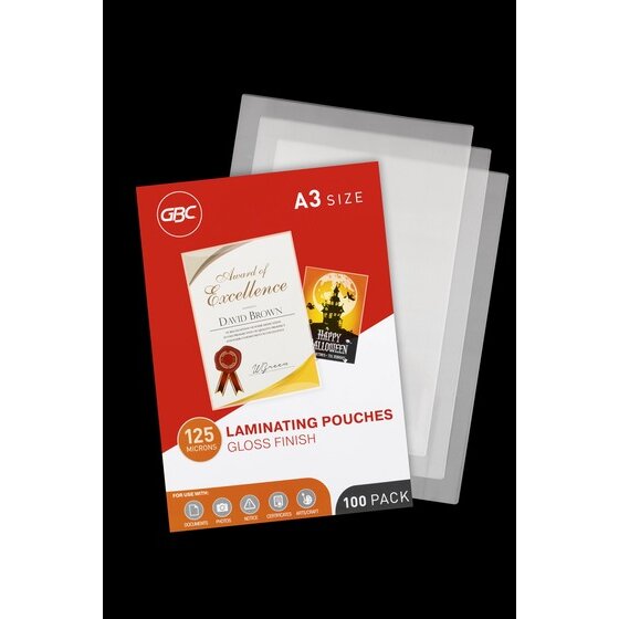 GBC A3 125 micron gloss laminating pouches box in front of three loose clear A3 pouches on a black background