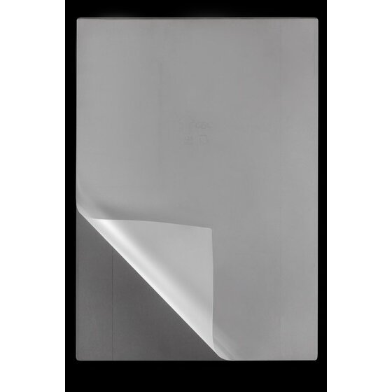 Single clear GBC A3 laminating pouch on black with faint printed marks in the centre and the lower left corner peeled back