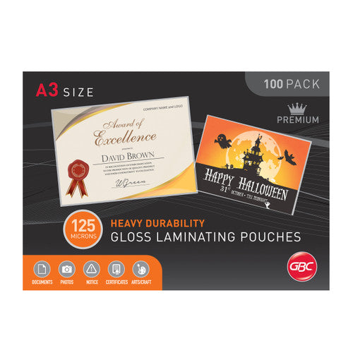 Older dark design GBC A3 size box of 100 heavy durability 125 micron gloss laminating pouches with a Premium crown mark