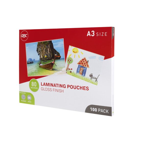 GBC A3 80 micron gloss laminating pouches 100 pack box standing at an angle, with document and photo use icons in the lower corner