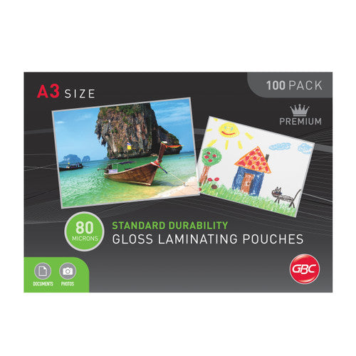 Older dark design GBC A3 size 100 pack of 80 micron standard durability gloss laminating pouches with a Premium crown mark