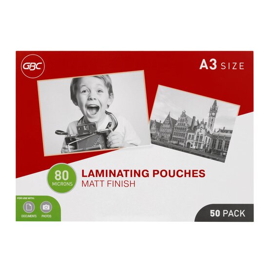 GBC red and white A3 size box of 80 micron matt finish laminating pouches, 50 pack, with black and white photos of a boy and a row of old buildings