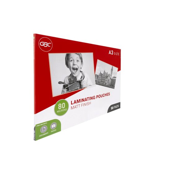 GBC A3 matt laminating pouches box standing at an angle, printed 80 microns, matt finish and 50 pack, with document and photo icons