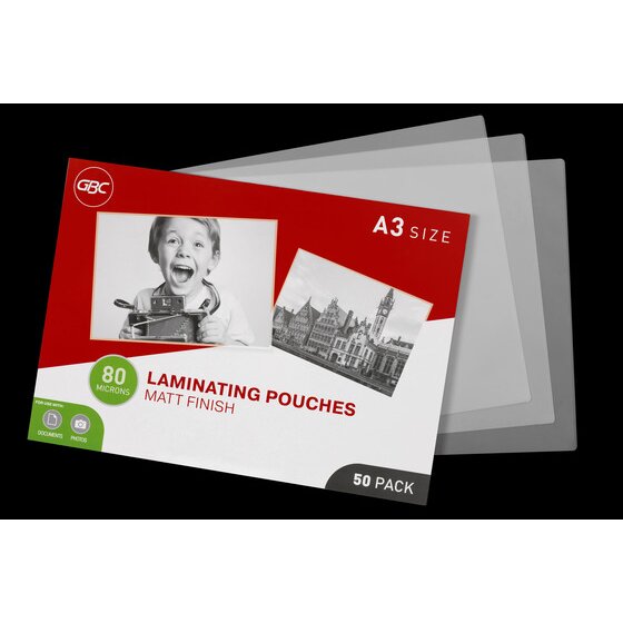 GBC A3 80 micron matt laminating pouches box in front of three loose frosted looking pouches on a black background