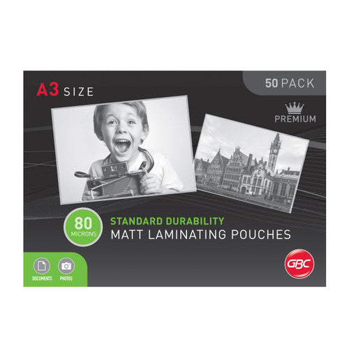 Older dark design GBC A3 size 50 pack of 80 micron standard durability matt laminating pouches with black and white photos and a Premium crown