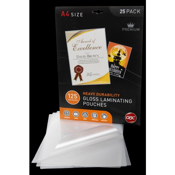 GBC A4 125 micron 25 pack of laminating pouches with a hanger hole, standing behind loose clear pouches on a black background