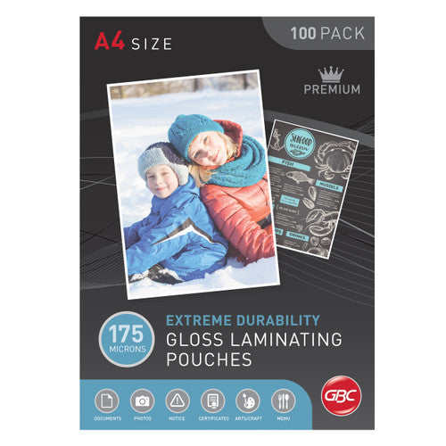 Front of the GBC A4 size 100 pack box of 175 micron Extreme Durability gloss laminating pouches with a photo of two children in snow