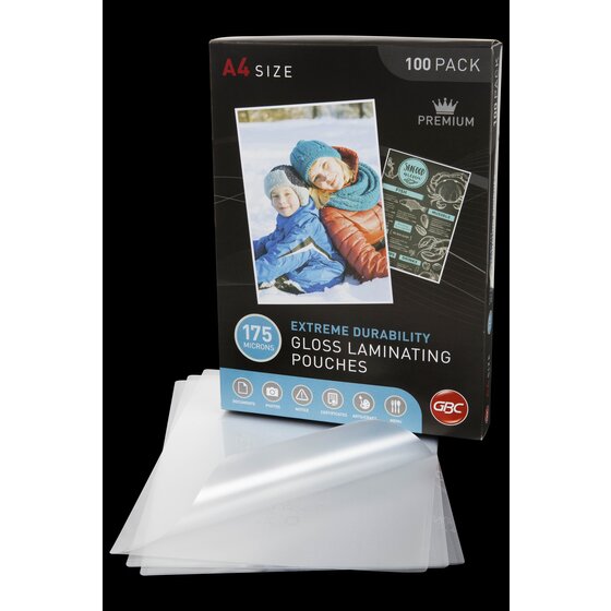 GBC A4 175 micron laminating pouch box standing behind a fan of loose clear A4 pouches on a black background