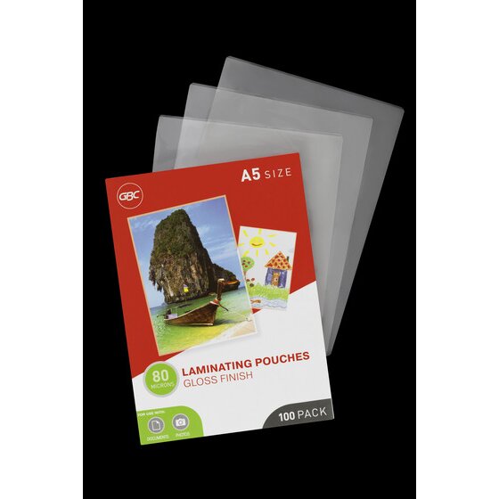GBC red A5 size box of 80 micron gloss laminating pouches in front of three loose clear A5 pouches on a black background