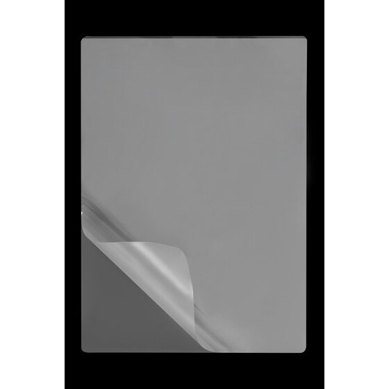 Single clear GBC A5 laminating pouch on a black background with the top film peeled back at the lower corner
