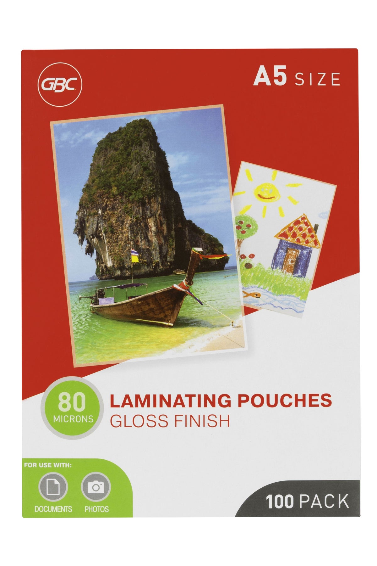 Flat front view of the red and white GBC A5 size box of 100 gloss finish laminating pouches, 80 microns, with a beach and boat photo
