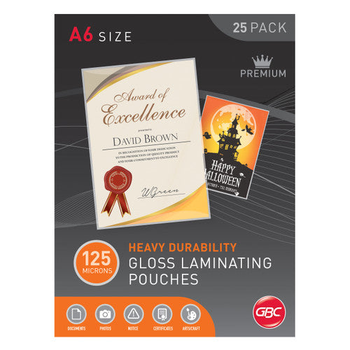 Front of the dark GBC A6 size 25 pack of Premium 125 micron Heavy Durability gloss laminating pouches with a certificate design