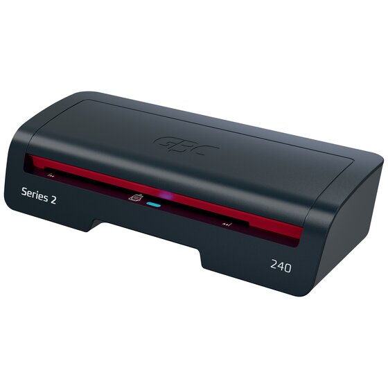 GBC 240 A4 pouch laminator in black with a red feed strip, Series 2 and 240 printed on the front, seen from the left