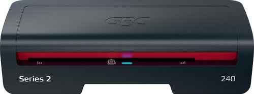 Front view of the black GBC Series 2 240 A4 laminator showing the red feed slot and blue status light
