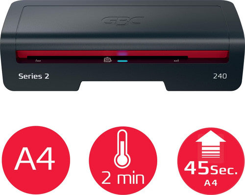 GBC 240 A4 laminator front view above three badges reading A4, 2 min warm up and 45 seconds for A4
