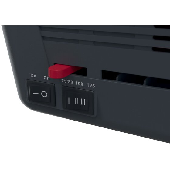 Close up of the rear of the GBC 240 laminator with the On Off switch, a red lever and a 75/80, 100, 125 selector