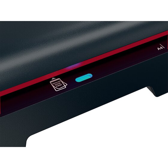 Close up of the GBC 240 feed slot with a sealed edge first symbol, a blue status light and the A4 guide mark